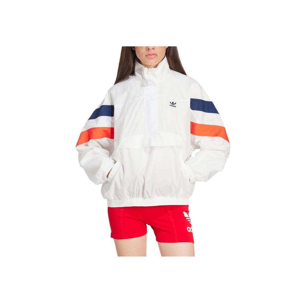 Adidas Originals Half-Zip Windbreaker With Color Block High Collar Loose Long Sleeve Jacket Women Outerwear White IS2320