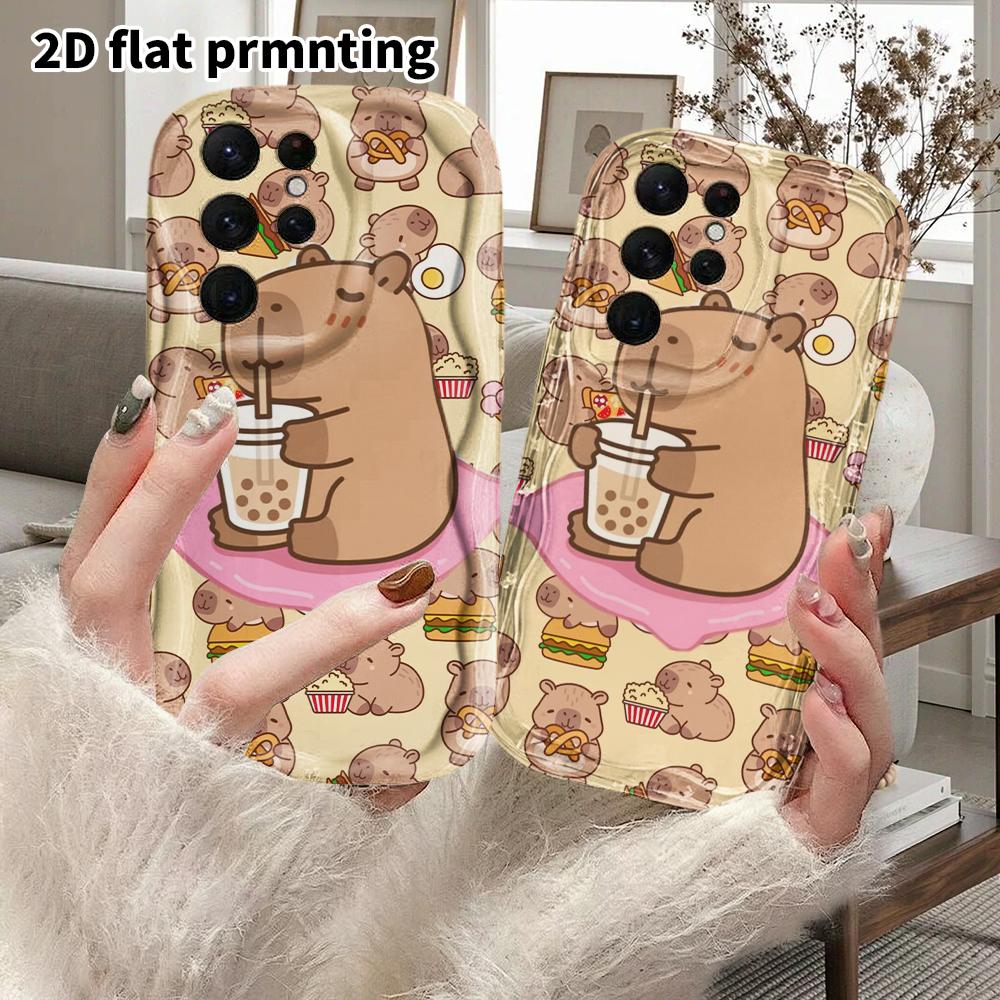Phone Case: 2D Flat Samsung Galaxy A34 A35 M05 M06 S20 S22 S21 FE Plus 5G Protective Case, Couple Style, Drinking Bubble Tea Capybara, Christmas and H