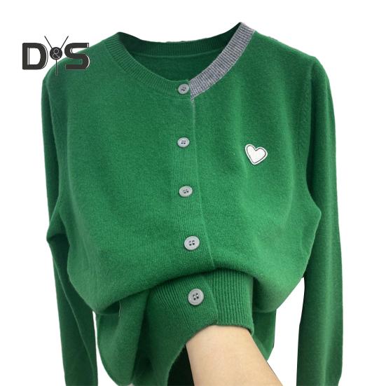 Женский осенне-зимний вязаный кардиган однобортный с круглым вырезом в тон эластичный с длинным рукавом теплый антипиллинговый женский свитер пальто зелёный 2098₽