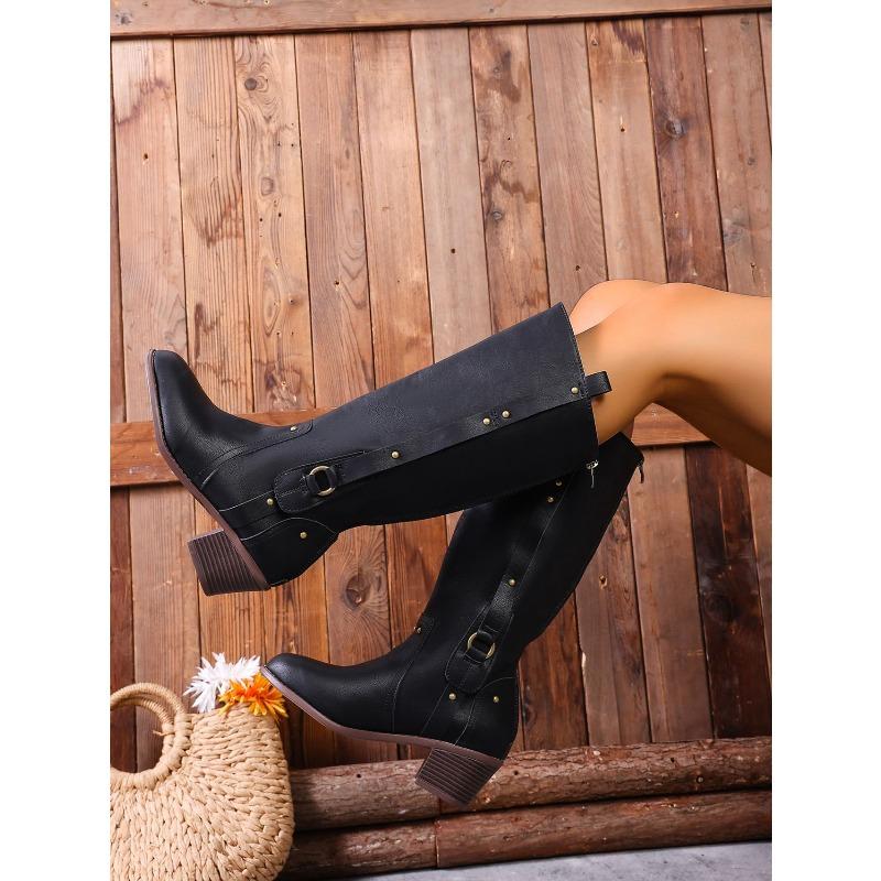 Winter 2025 Fleece Belt Buckle Rivet Mid-heel Knight Boots Plus Size Thick Heel Western Boots Women