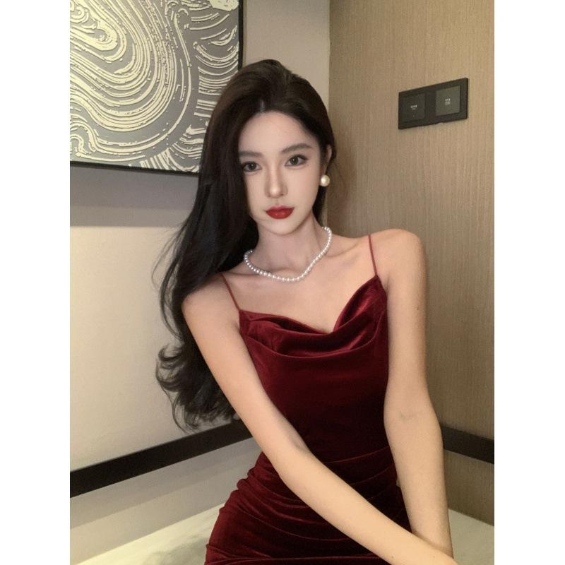 Vintage Sexy Club Prom Red Dresses Women Spaghetti Strap Slit Velvet Dress  Beach Bandage Bodycon Midi Dress Party Elegant  buy the best products in  the Ayzeze online store