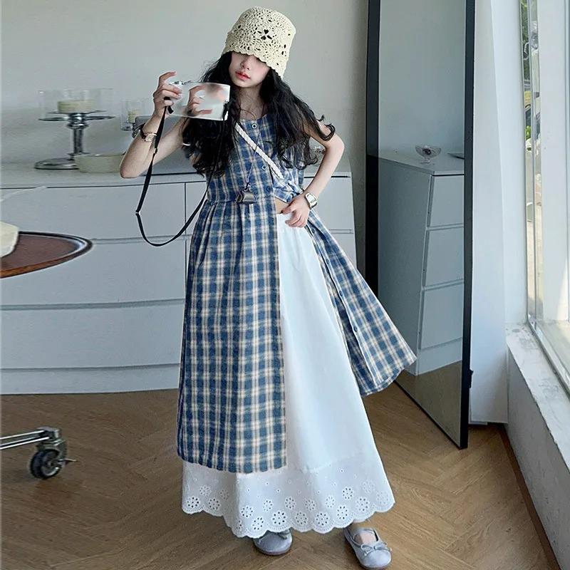 Summer Girls Retro Red Plaid Vest Dress Sets Thin French Style Strappy Sundress Casual Vacation Outfit Teen Kids Clothes