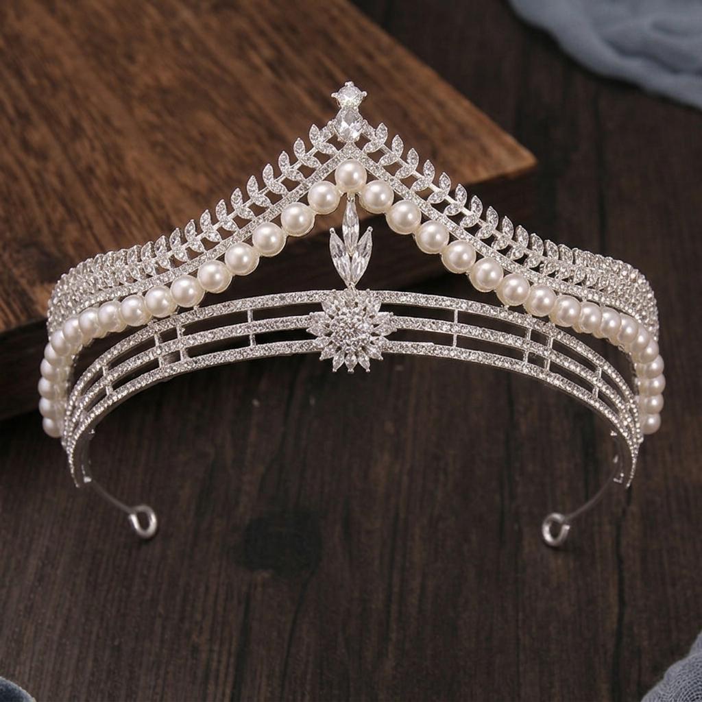 Children Pearl Crown Headband for Girls Birthday Performance Alloy Frame with Imitation Pearls and Silicone-Lining