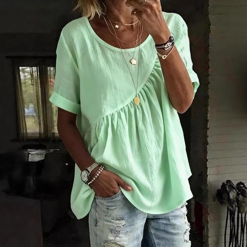 2026 New Women's Summer Solid Color Round Neck Short Sleeve Ruched Top T-Shirt