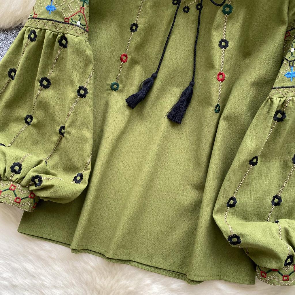 Elegantní šněrovací Vyšívaná Halenka s dlouhým rukávem a plisováním Šik Vintage Módní top s výstřihem do V Dámské Jarní Košile na narozeninovou oslavu Y2k