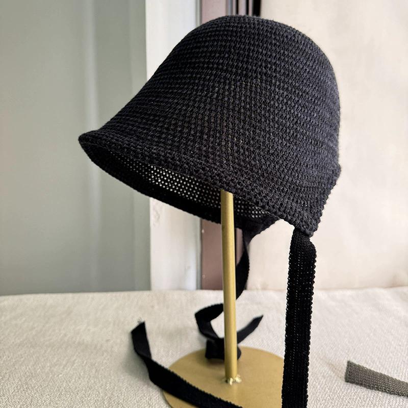 New Japanese Harajuku Lolita-Inspired Knit Bucket Hats Women Ribbon Bow Fisherman Caps Summer Lowy Tie Breathable Beach Sun Hat