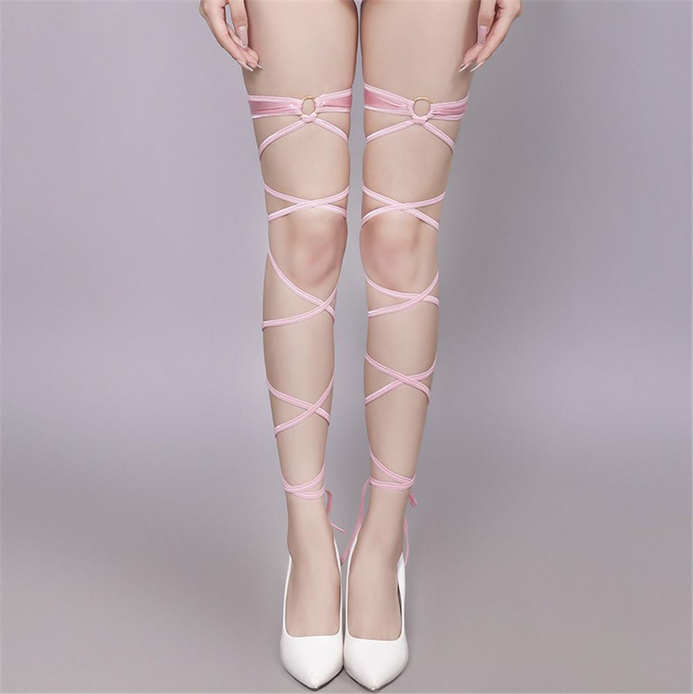 Sexy Women Bandage Shiny HIgh Stockings Lingerie Fishnet Stockings Thigh-High Studded Thigh High Leg Strappy Tights Candy Color