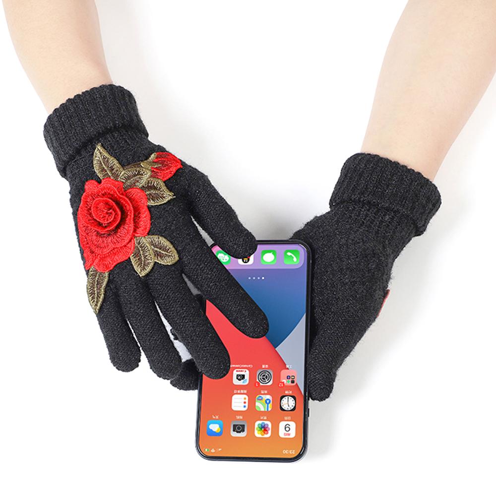 Soft Winter Gloves Embroidered Flower All Finger Gloves Knitted Gloves  Outdoor Cycling Driving