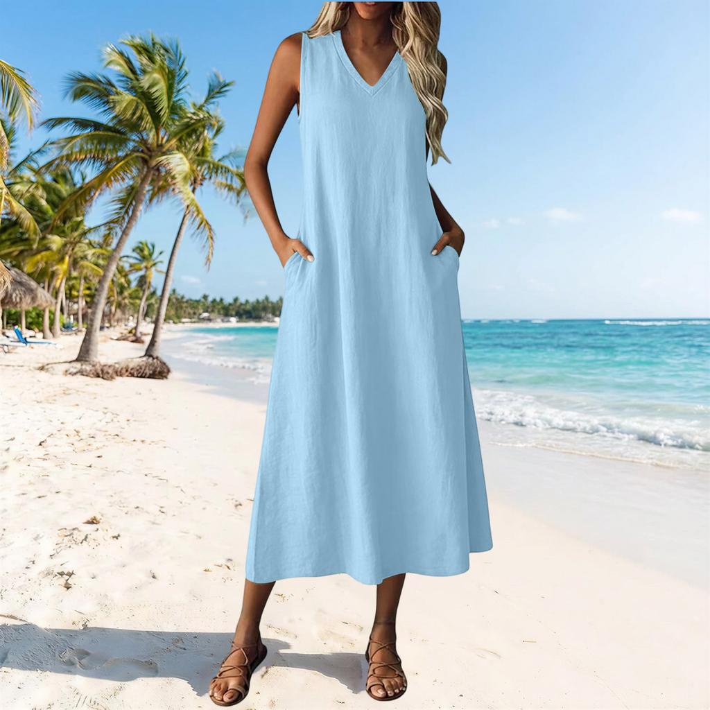 Women Sleeveless Casual V Neck Midi Dress with Zipper and Pockets Relaxed Fit Solid Color Tank Dress