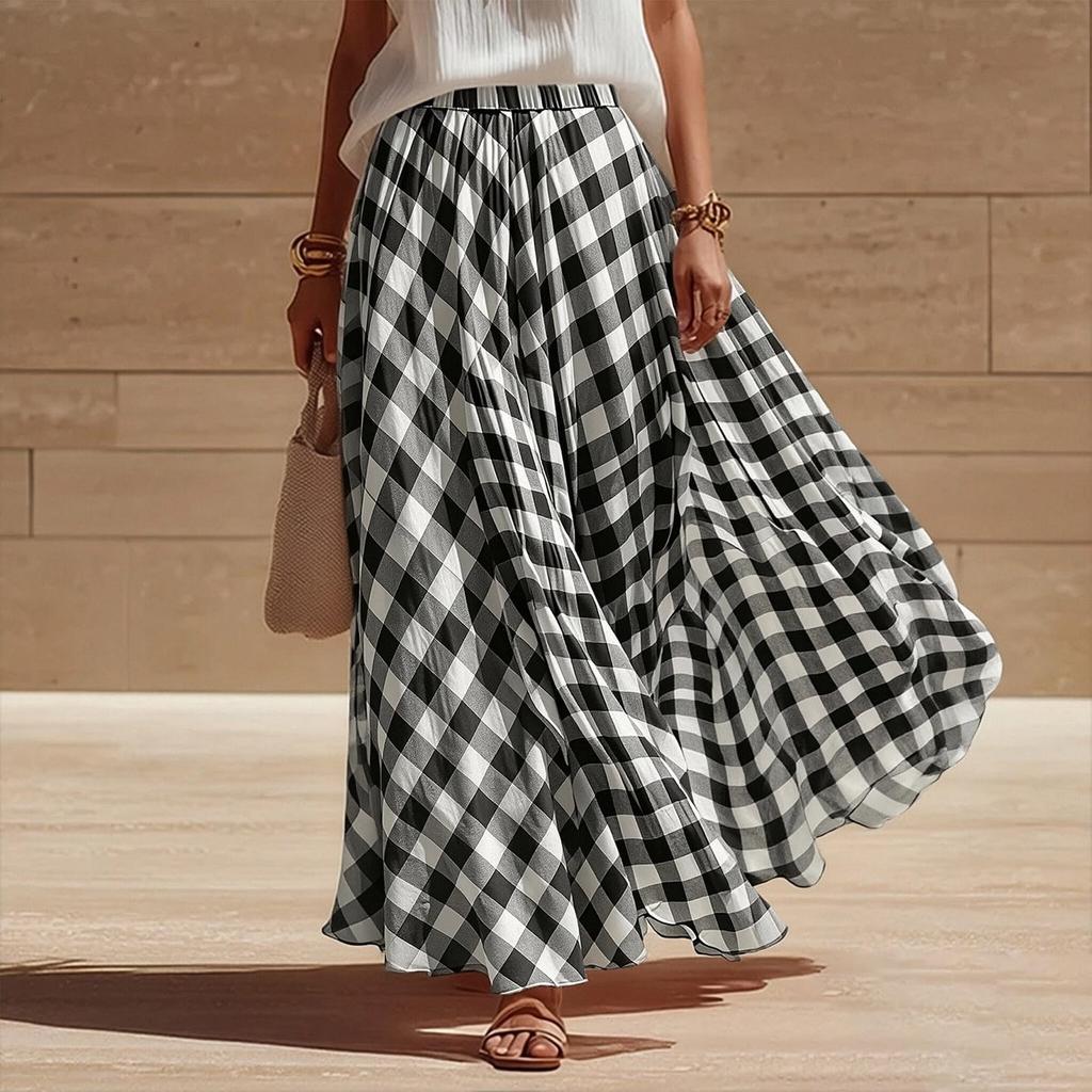 Women's High Waist Pleated A Line Long Skirt Plaid Flowy Midi Skirt with Elastic Waistband for Casual Wear