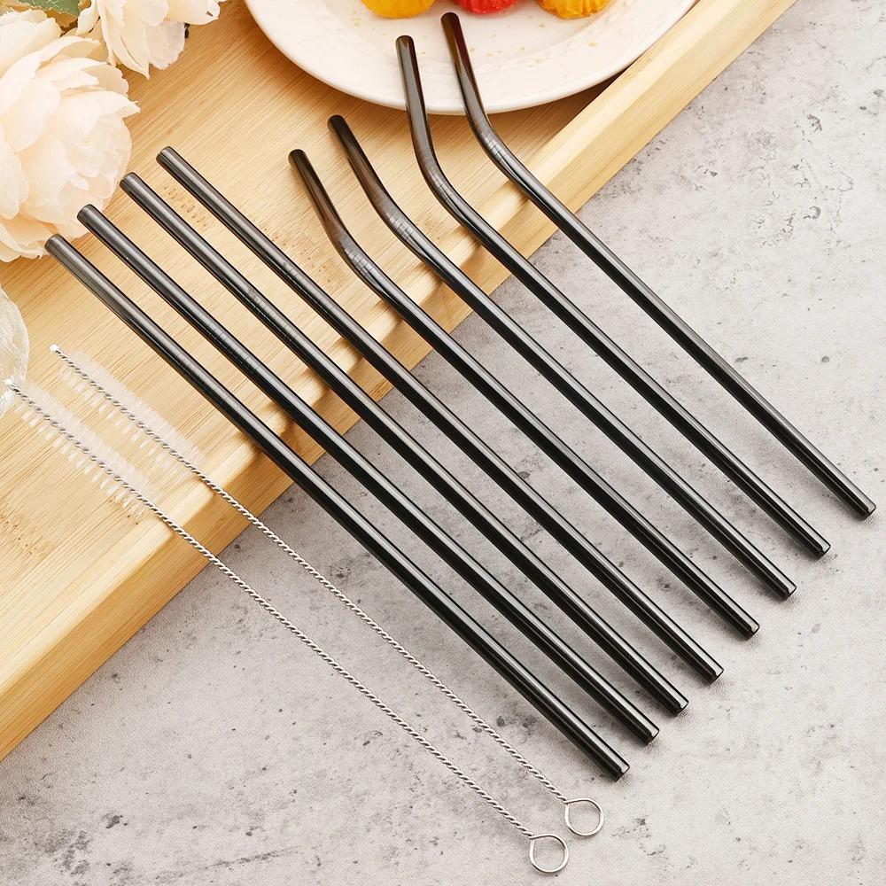 Black Reusable Metal Drinking Straws Stainless Steel Sturdy Bent Straight Drinking Straw with Cleaning Brush Bar Party Accessory