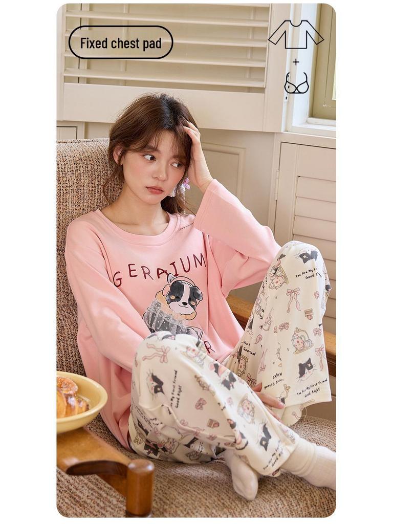 Womens Korean Style Cartoon Pajamas Set with Chest Pad - Long Sleeve, Cute Home Wear for Spring & Autumn (2025)