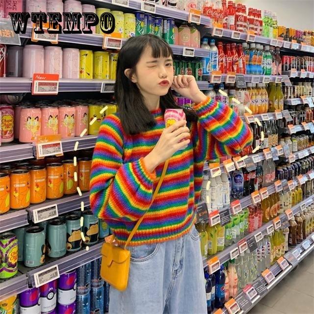 

Pofulove Girly свитер с круглым вырезом, короткий пуловер со свободными манжетами в радужную красочную полоску XL