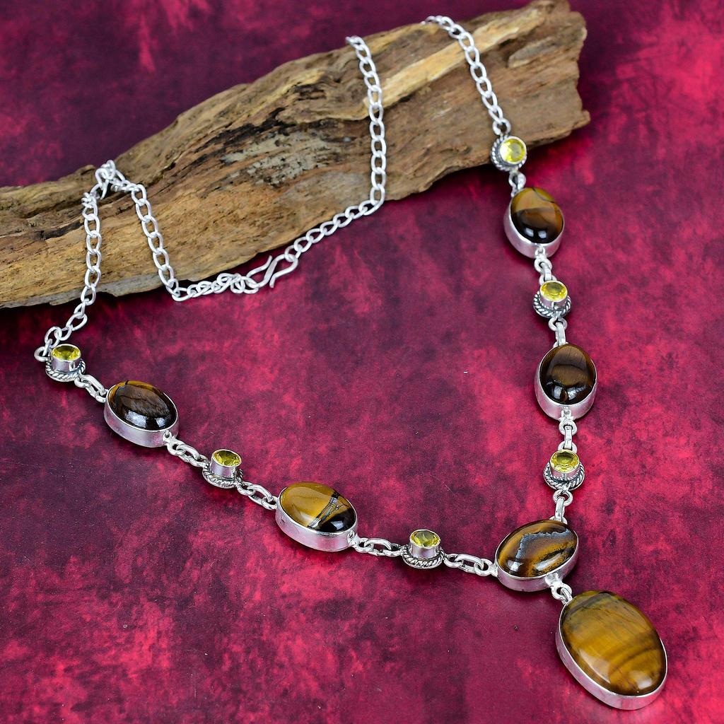 Tiger's Eye & Citrine 925 Solid Sterling Silver Necklace Adjustable, Chain Necklace Handmade Gemstone, Gift For Mom Antique Jewelry