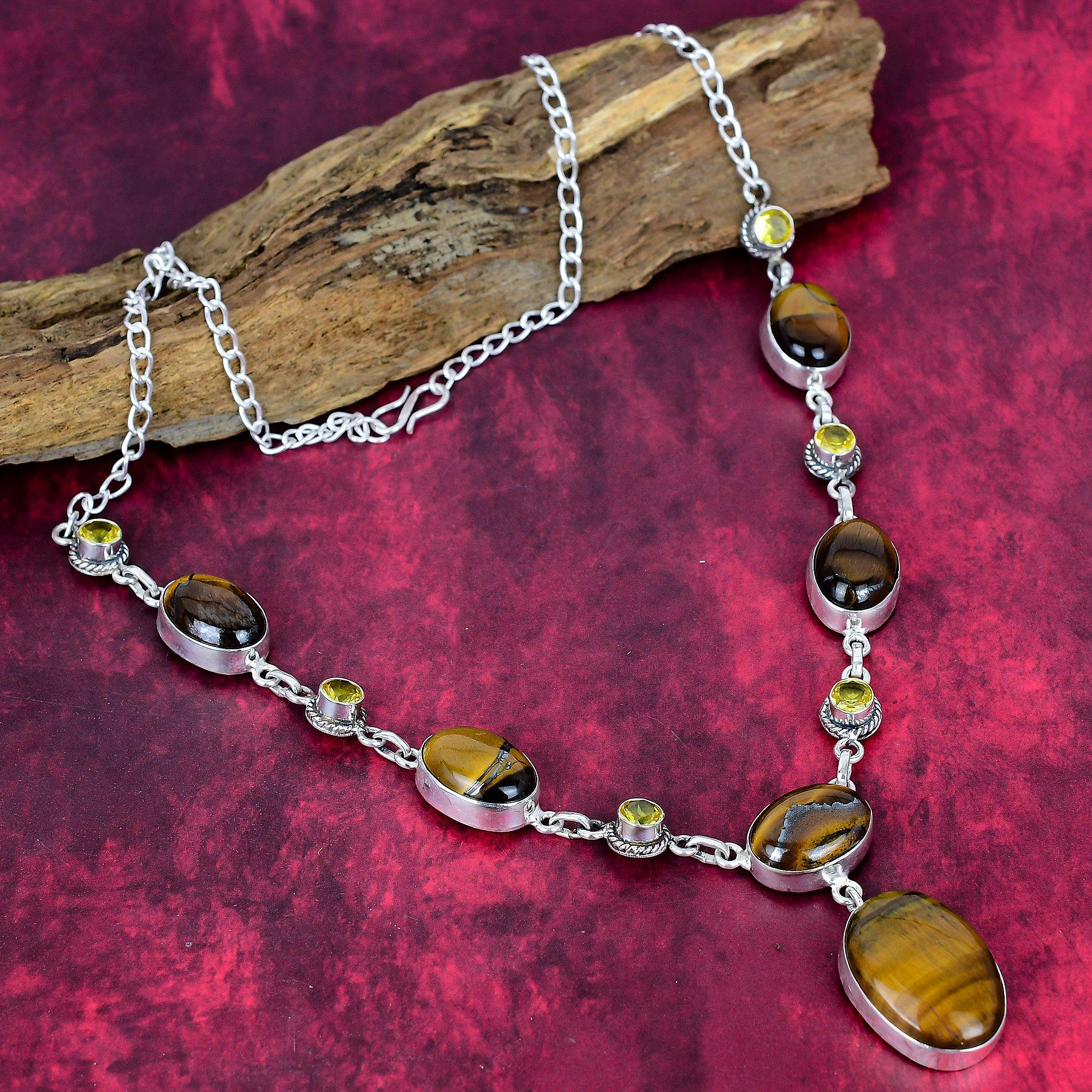 

Ожерелье из тигрового глаза и цитрина из стерлингового серебра 925 пробы, регулируемое, цепочка, ожерелье из драгоценных камней ручной работы, подарок для мамы, антикварные украшения жёлтый