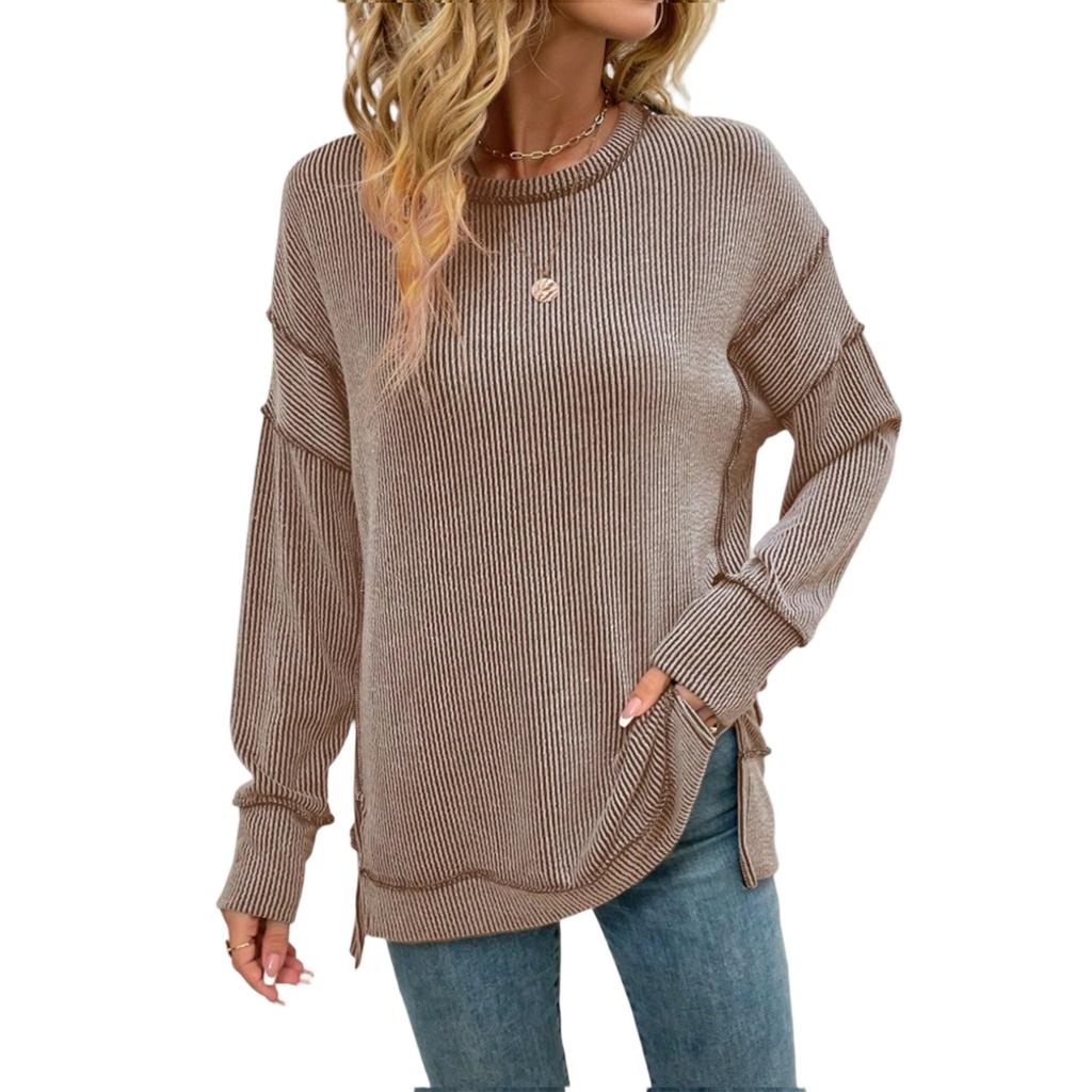 Women's Twisted Stripe Slit Long-sleeved Loose Sweatshirt