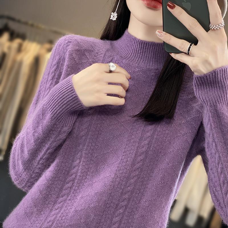 Autumn and winter new thickened jacquard semi-turtleneck long-sleeved women's top knitted sweater loose and thin jacket inside and outside