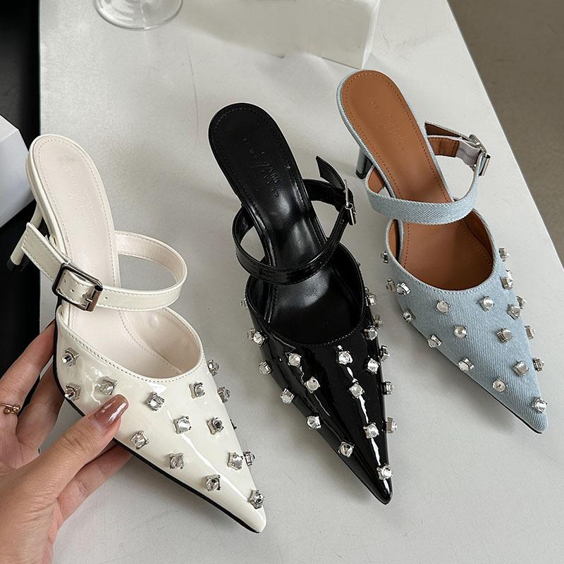 Fashion New Women Pumps Mules Footwear High Heels Shoes Female Luxury Rhinestones Fashion Pointed Toe Ladies Thin Heels Crystal Shoes