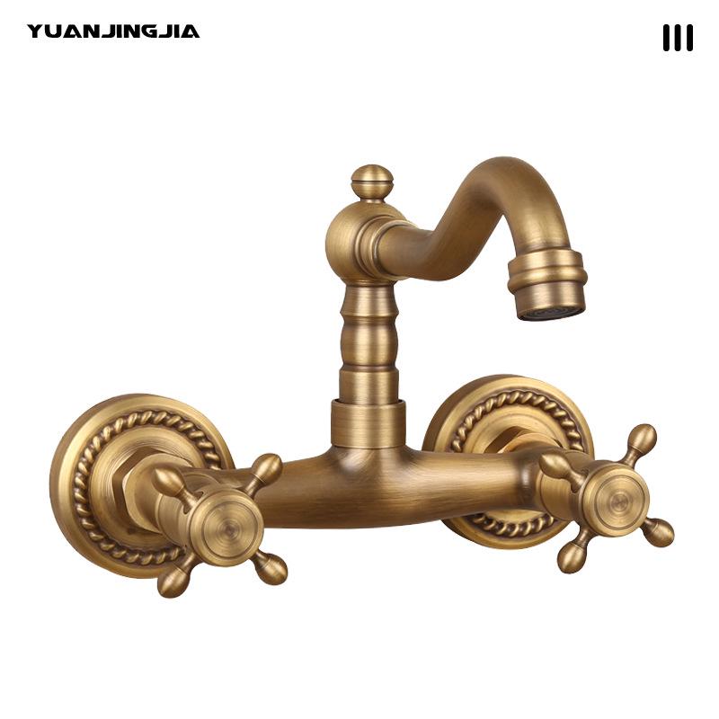 Retro French Copper Wall-Mounted Double Handle Faucet for Kitchen and Balcony.