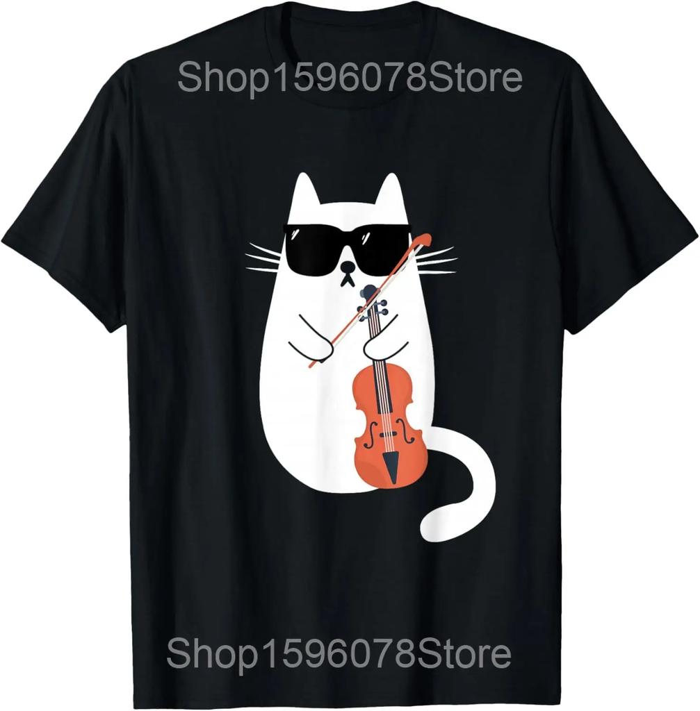 Gato Engraçado Usando Óculos de Sol Tocando Violino Músico Camisetas Homem Streetwear Camiseta Manga Curta Unissex Roupa Solta