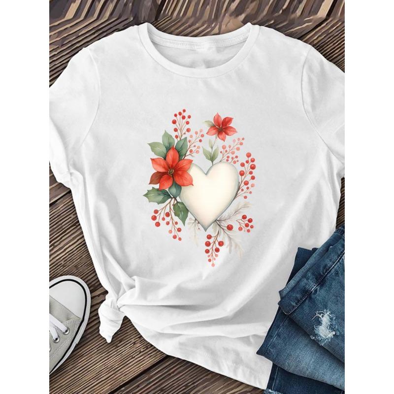 European Sizes Women's Soft Breathable Flower & Heart Print Short Sleeve T-Shirt - Casual Round Neck Blouse Top Suitable for Daily Wear