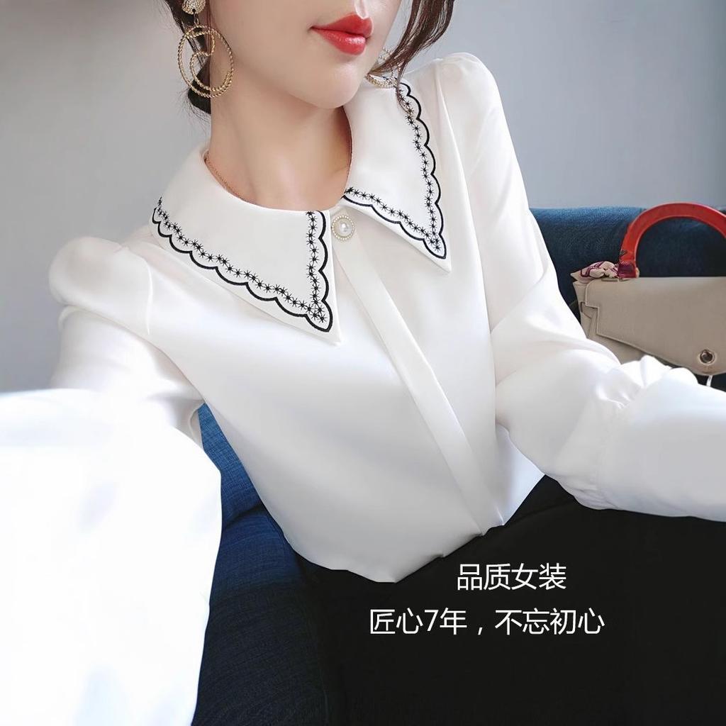 Women's Chiffon Shirt Long Sleeved Spring and Autumn Outfit Embroidered Collar Versatile Top