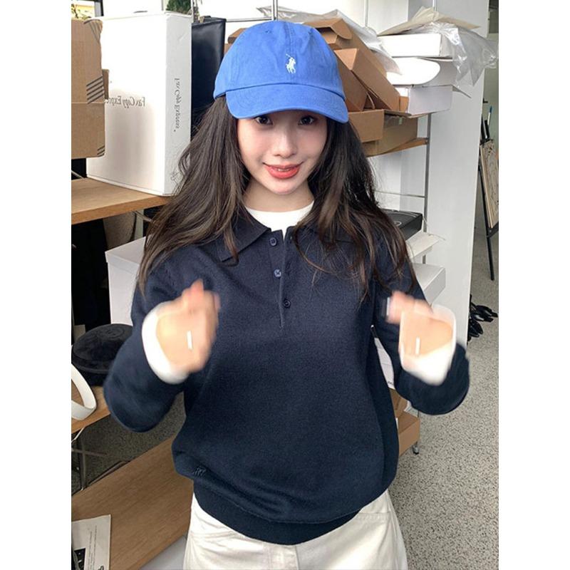 

College style gray polo neck sweater women s spring and autumn new loose and thin versatile long-sleeved knitted sweater top One size fits all [recommended 80-60kg]