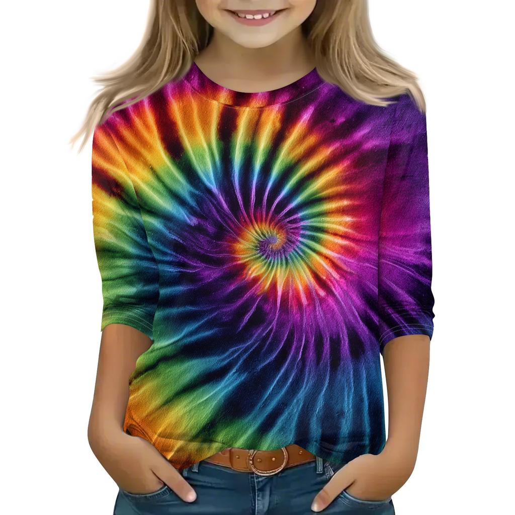 Print Tops For Youth Girls Round Neck 3/4 Sleeves T-Shirts Trendy Tops Outfit Tees