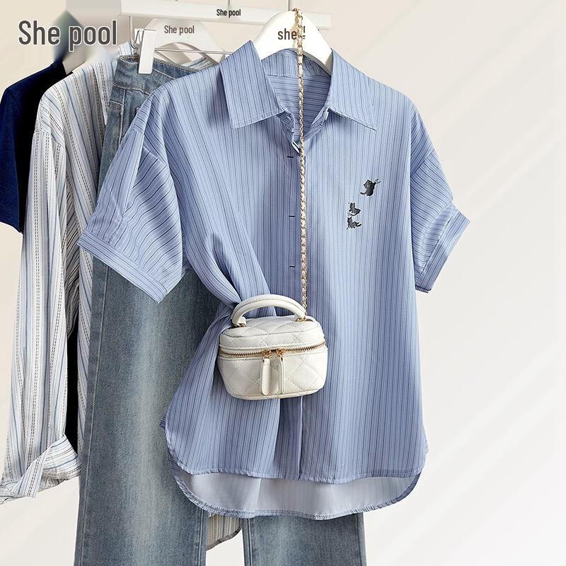Women s Striped Cartoon Print Lapel Short Sleeve Loose Casual Shirt M