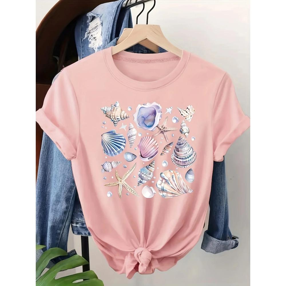 Seashell & Starfish Women's Tee - Coastal Beach Graphic, Casual Light Blue Top