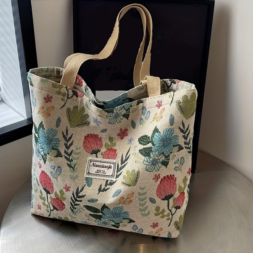 Large Floral Canvas Handbag with Shoulder Straps for Commuters and Students