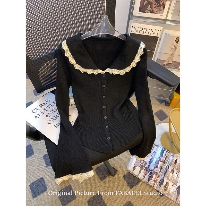 2024 Women's Autumn Knitted Cardigan: French Lace Peter Pan Collar, Bell Sleeves, Skirt Hem Crop Top