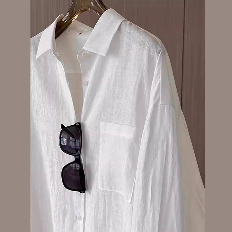 Wit Ademend Katoen en Linnen Zonwerend Shirt met Lange Mouwen voor Dames Zomer Dun Lui Stijl Los Casual Veelzijdig Topje