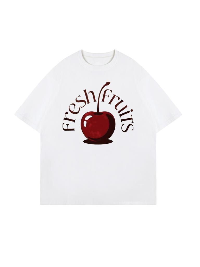Oversized T Shirt Black Fresh Fruits Cherry Print Graphic Tee Casual Summer Wear