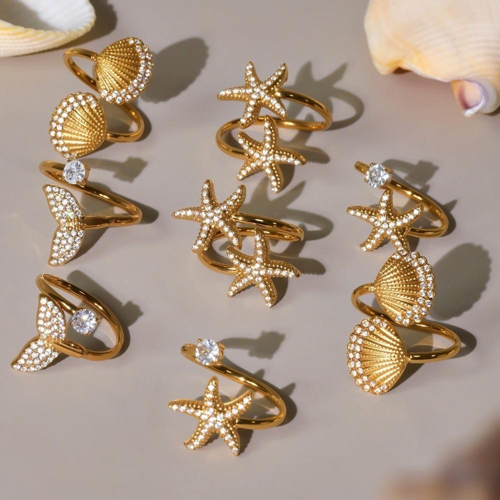 Exquisite Fish Tail Starfish Shell Finger Ring Jewelry Ocean Style Ring Cubic Zirconia Ring  Summer