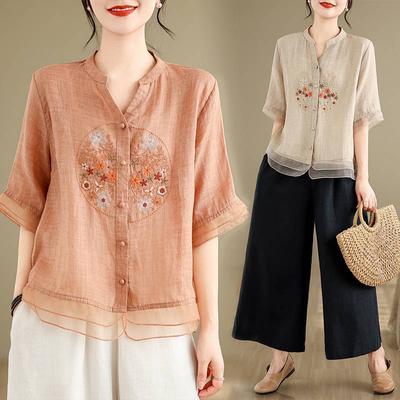 Ankunft Damen Sommer Freizeitshirt Vintage-Stil V-Ausschnitt Blumenstickerei Locker Damen Halbarm Tops Hemden