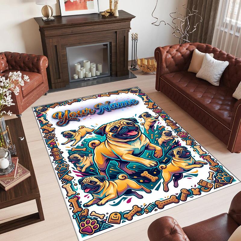 Pug Theme Crystal Velvet Floor Rug Personalized Custom Name Text Warm Carpet Home Decoration