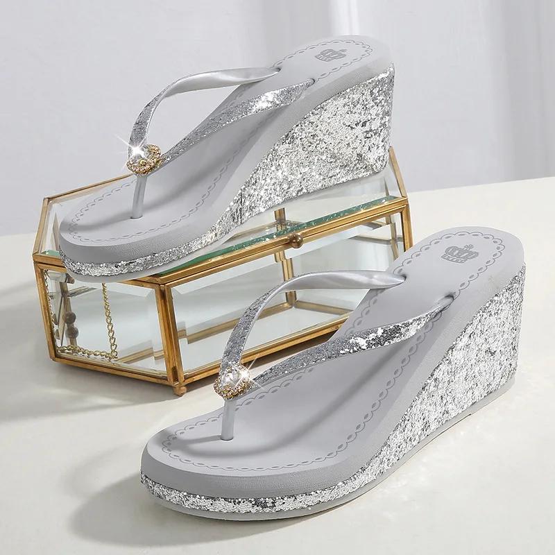 Fashion Summer Platform Women Slippers High Heel Wedges Slides Sequins Rhinestones Ladies Flip Flops Casual Female Sandals Sexy Shoes