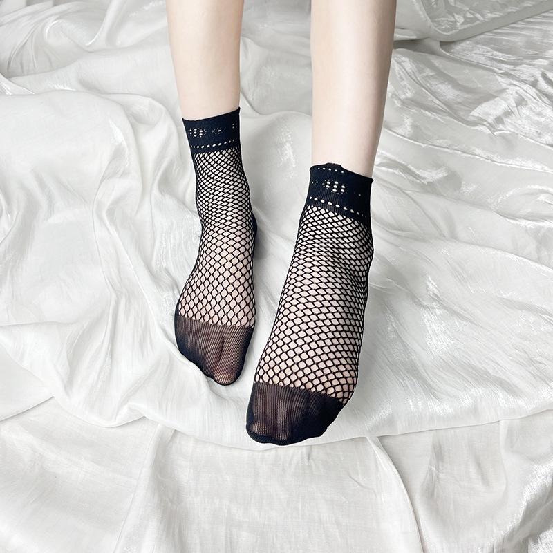 Calzini da donna in rete nera a pois con pizzo - Estivi, Sottili, Corti e Casual