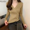 Women V Neck Long Sleeve Front Cross Casual Slim Sweaters Knitwear