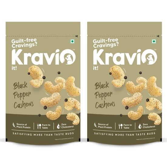 Kravio Premium Black Pepper Roasted Cashew Nuts (2 X 200g) | Zero Cholesterol Natural Jumbo Size Whole Kaju Nuts