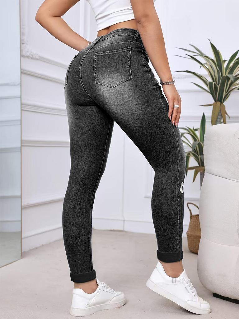 Damskie Jeansy Rurki z Haftem, Rozciągliwe, Wysmuklające, z Niskim Stanem, Styl Retro, Jesień 2025