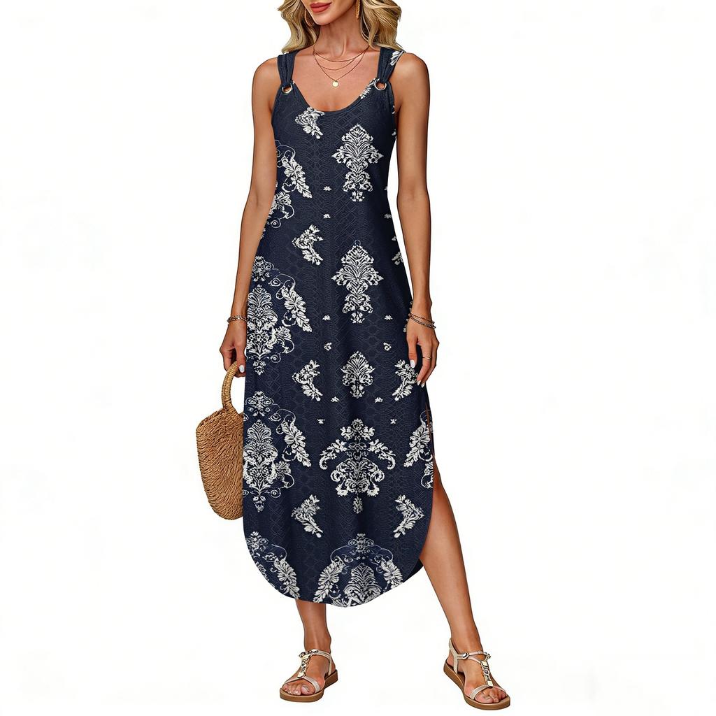 Women's Summer Long Dress, Sleeveless With Side Slits, Long Retro Printed Camisole Dress