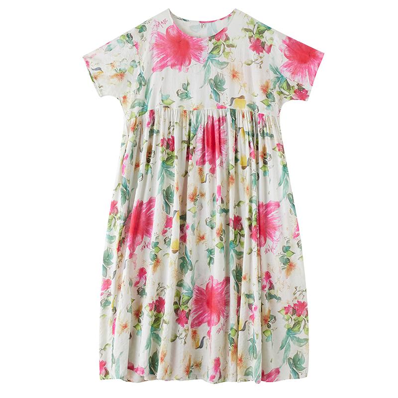 DIMANAF 2025 Sommer Übergröße Kleid Damen Vintage Floral Lässig Locker Basic Druck O-Ausschnitt Kleid Maxi
