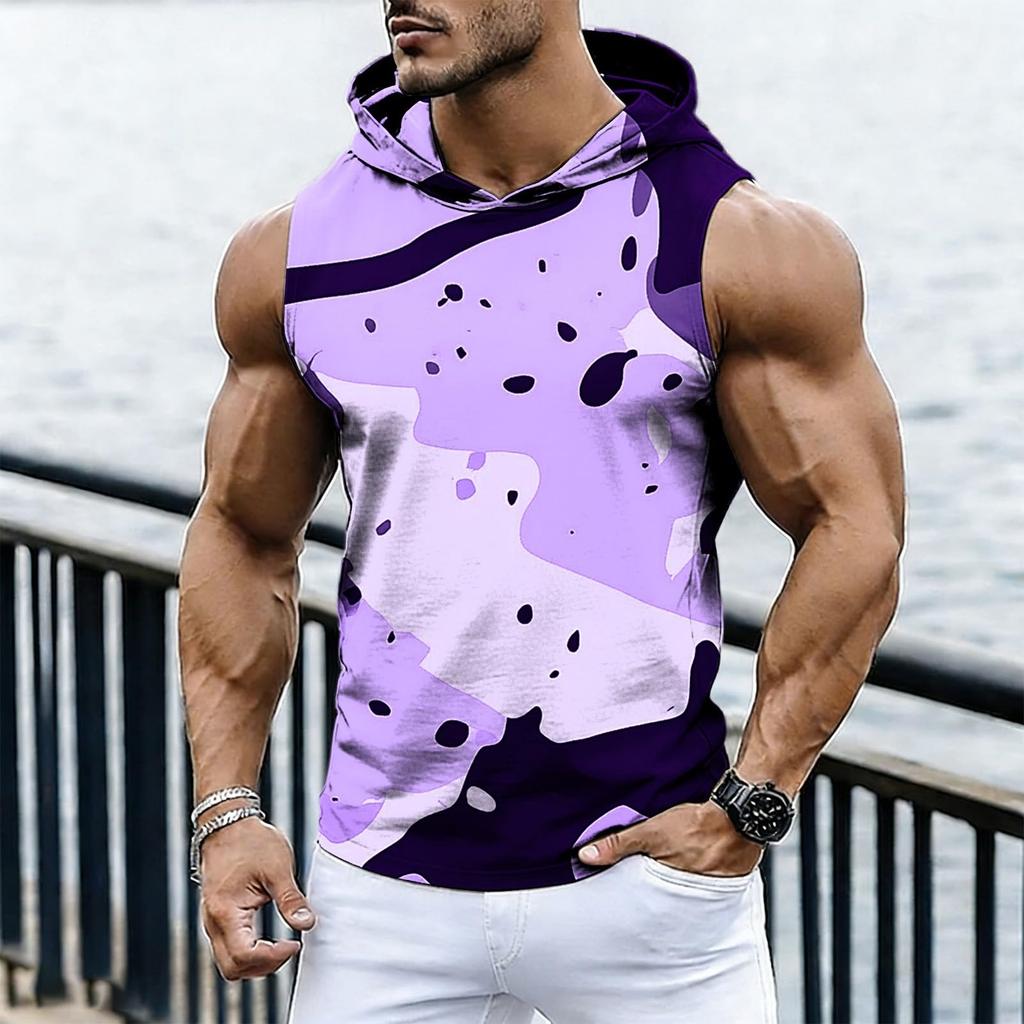 Men's Casual Fashion Printed Sleeveless Hooded Tops | Lightweight Summer Hooded Tank Tops