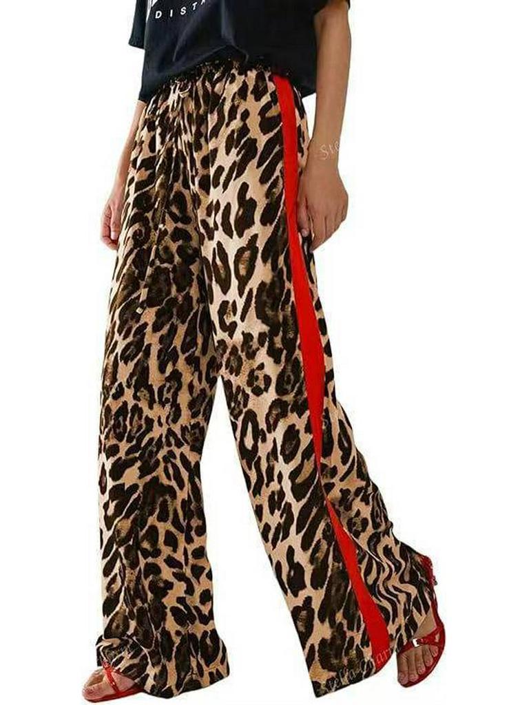 Leopard Print Patchwork Wide-Leg Women's Trousers