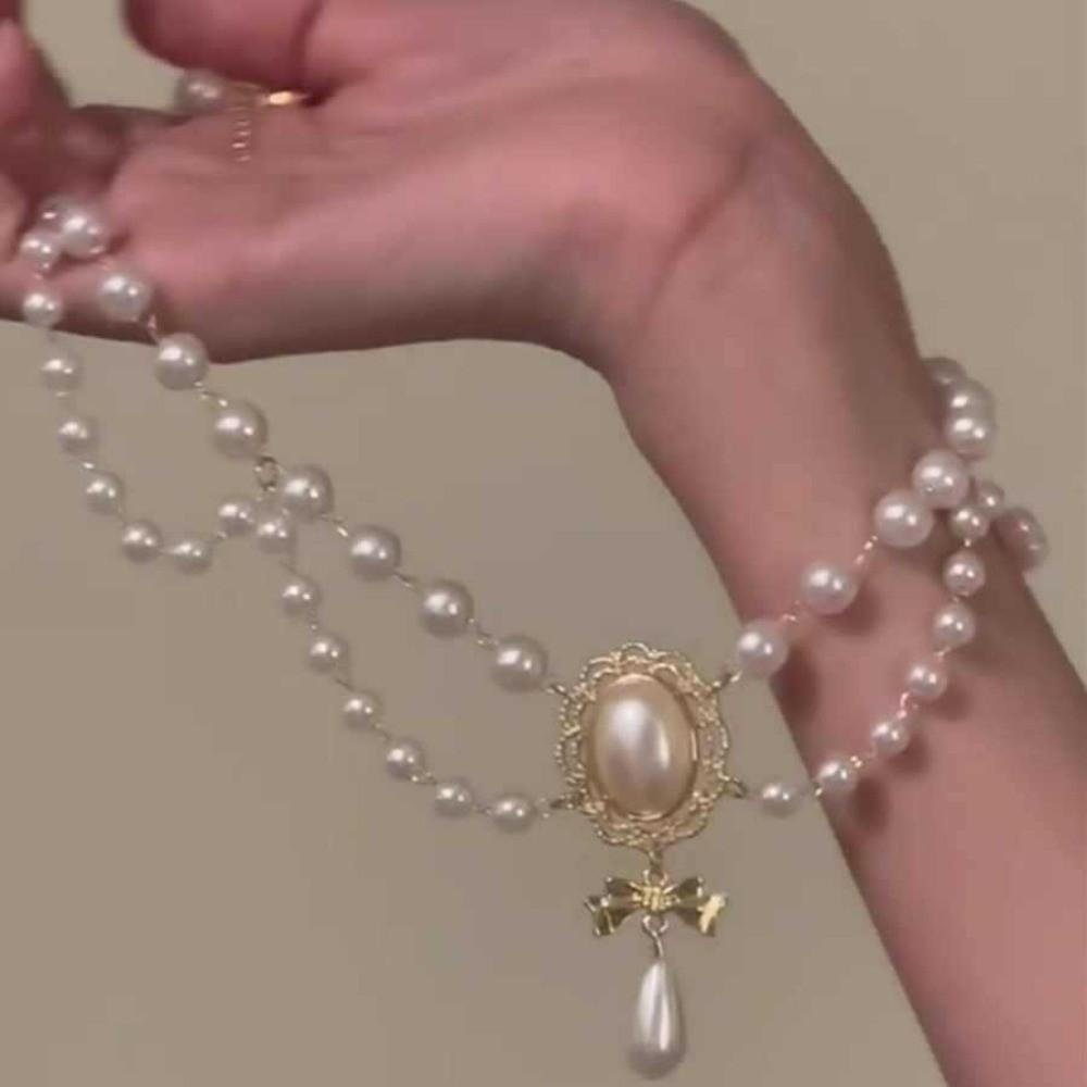 Bowknot Pendant Imitation Pearl Necklace Double Layer Bridal Jewelry Accessories for Women