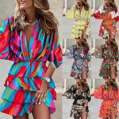 Sommerkleider mit Fledermausärmeln, V-Ausschnitt, Blumendruck, Strandkleid für Damen, lässig, unregelmäßiger Saum, kurze Kleider
