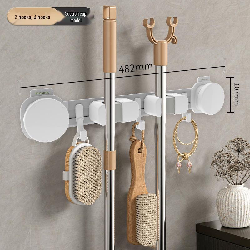 Strong Suction Mop Holder: No-Drill, Traceless, Wall Mount Clip for Kitchen or Bathroom with Widened, Movable, Load-Bearing Hook.