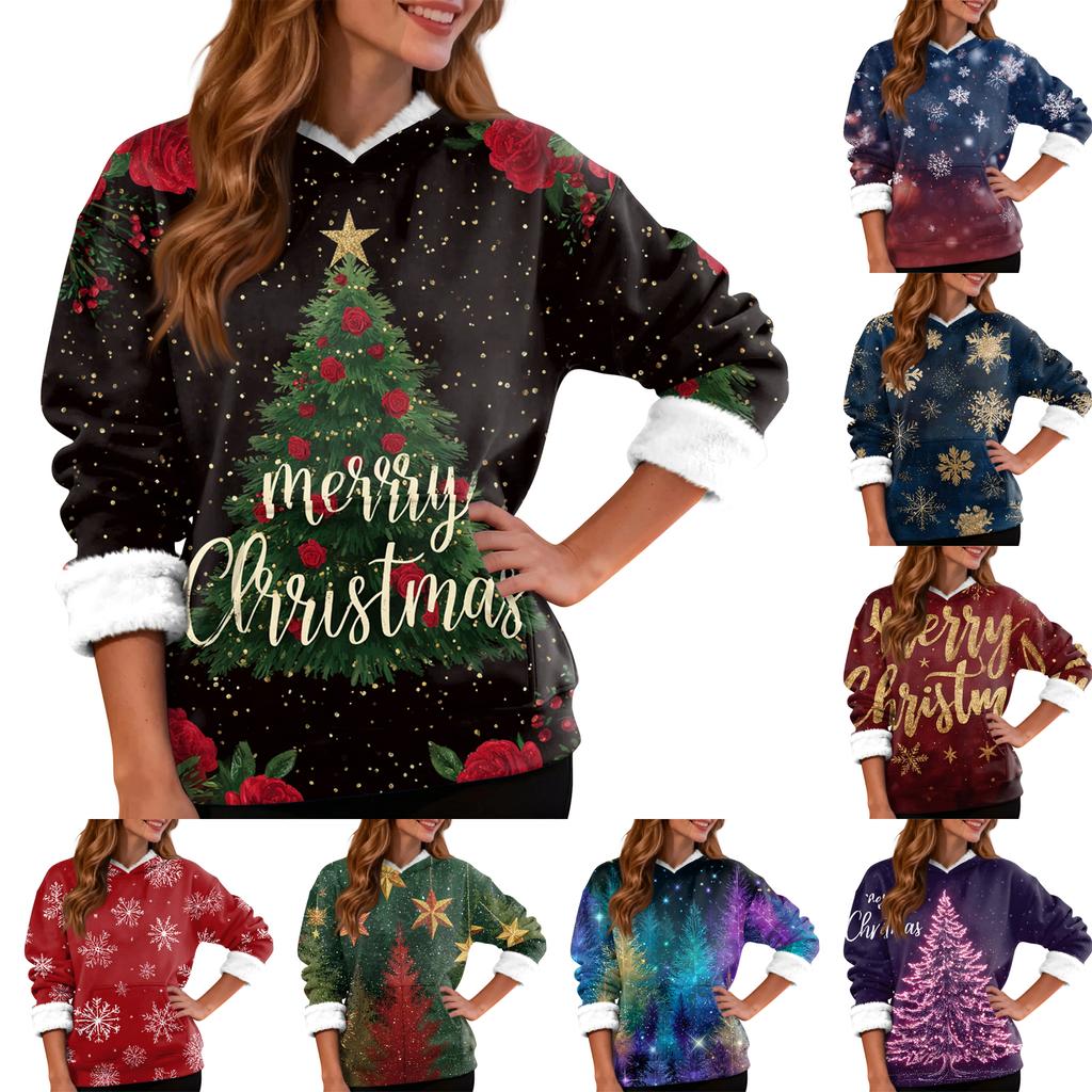 Women's Casual Fashion Plus Velvet Thickened Christmas Print Hooded Sweatshirt
